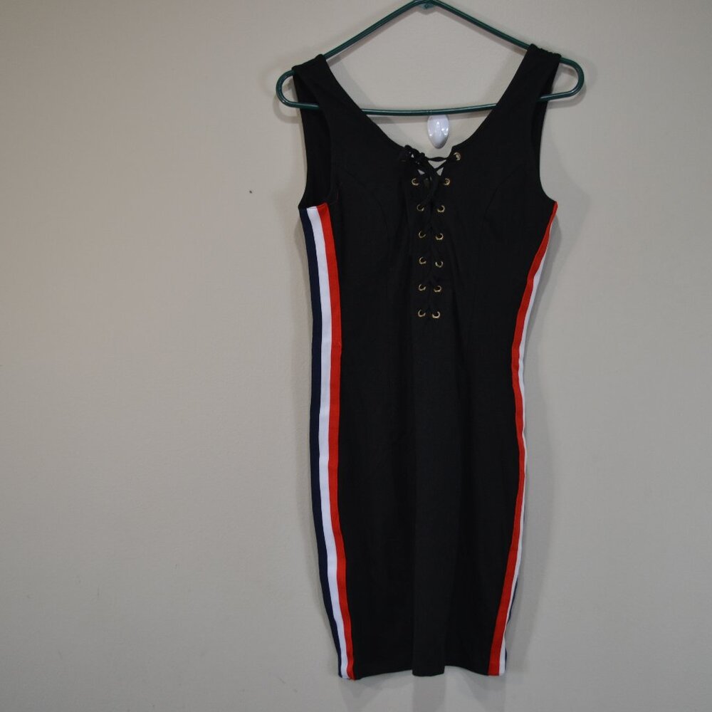 Mebon By Machine Jeans Womens L Strip Bodycon Zip Back Lace Up Front Black Dress